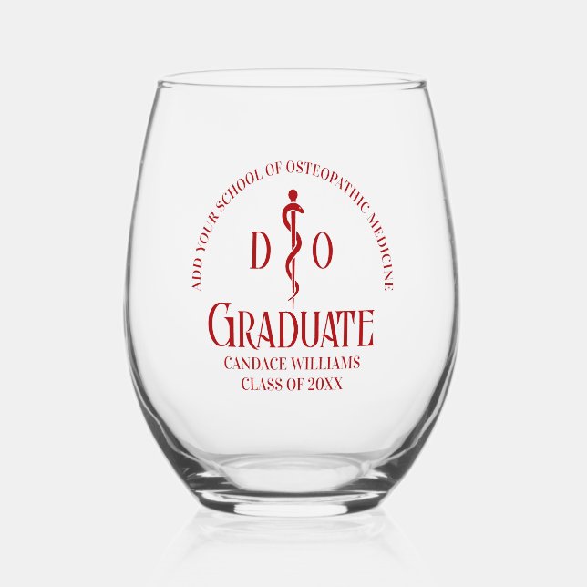 Red Osteopathic Medical School Graduation Stemless Wine Glass (Front)