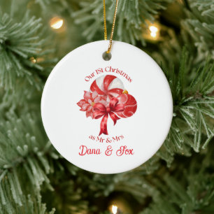 Red Our 1st Christmas Peppermint Poinsettia Ceramic Ornament