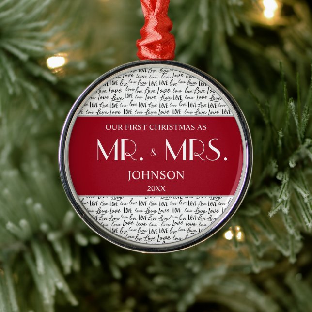 Red Our First Christmas Mr and Mrs Custom Newlywed Metal Ornament (Tree)