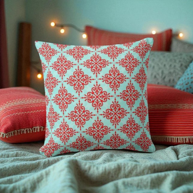Red over Teal Damask Pattern Cushion (Creator Uploaded)