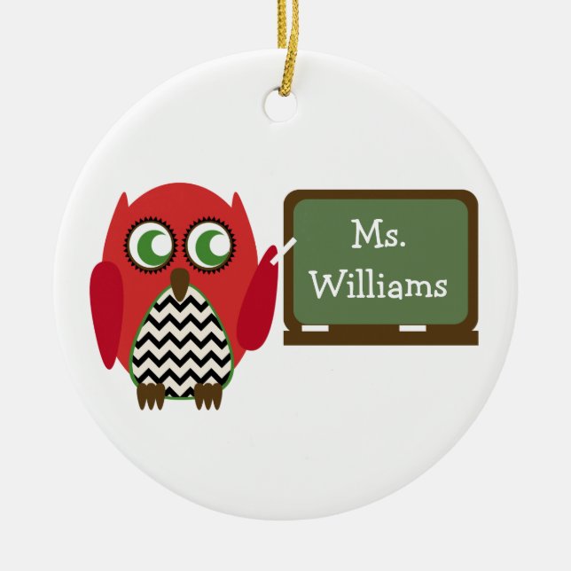 Red Owl Black Chevron Teacher At Chalkboard Ceramic Tree Decoration (Front)