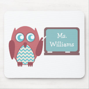 Red Owl Blue Chevron Teacher At Chalkboard Mouse Pad