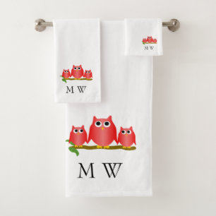 Red Owls Design Monogrammed Bath Towel Set