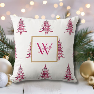 Red Pagoda Christmas Tree Monogrammed Pattern Cushion