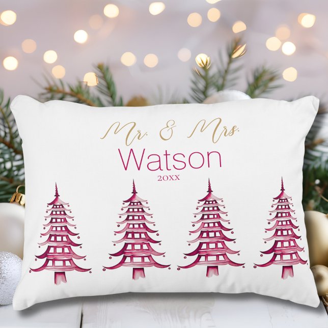 Red Pagoda Christmas Tree Mr. and Mrs. Decorative Cushion (Red Pagoda Christmas Tree Mr. and Mrs. Accent Pillow)
