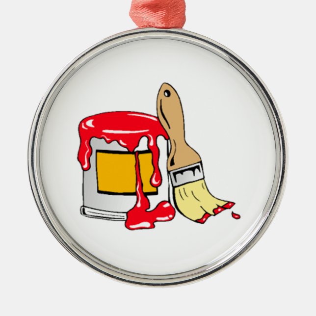 Red Paint Can and Brush Metal Ornament (Front)