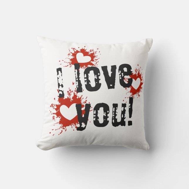 Red Paint Splatter Hearts, I Love You Cushion (Front)