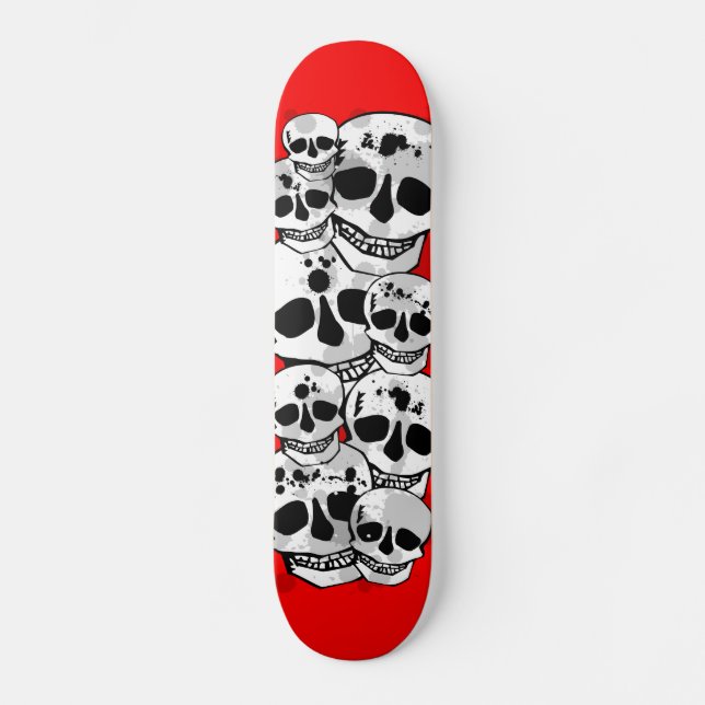 Red paint splatter skulls black skateboard deck (Front)