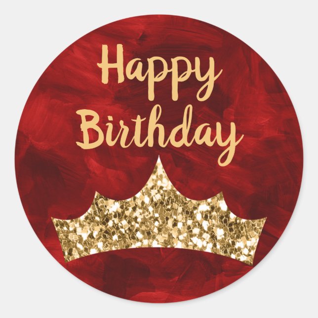 Red paintbrush and Gold Crown Birthday Classic Round Sticker (Front)
