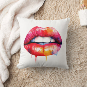 red painted female lips watercolor  cushion