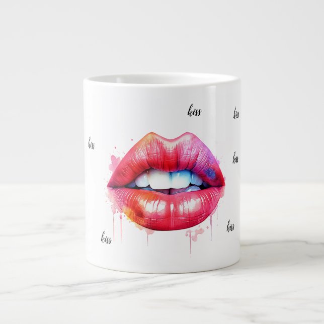 red painted female lips watercolor large coffee mug (Front)