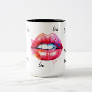 red painted female lips watercolor Two-Tone coffee mug