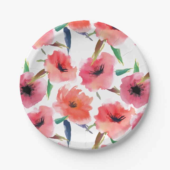 Red Painted Poppies Floral Pattern Paper Plate (Front)