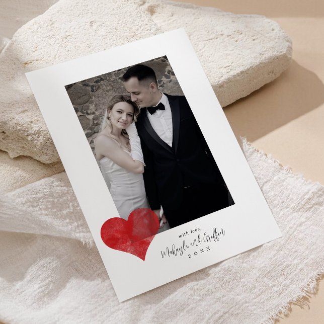  Red Painterly Heart Wedding Photo Thank You Holiday Card (Creator Uploaded)