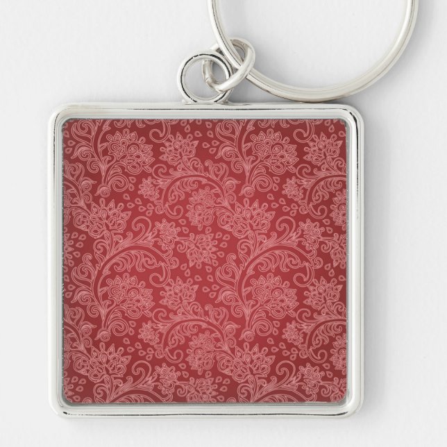 Red Paisley Damask Designer Floral Classic Key Ring (Front)