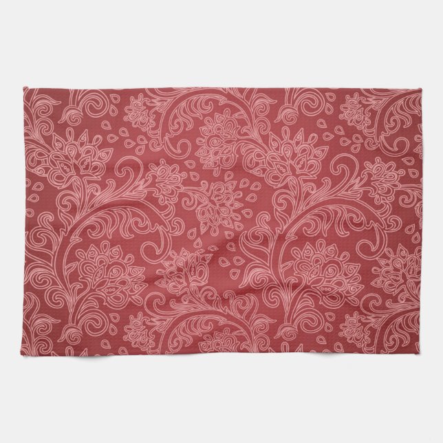 Red Paisley Damask Designer Floral Classic Tea Towel (Horizontal)
