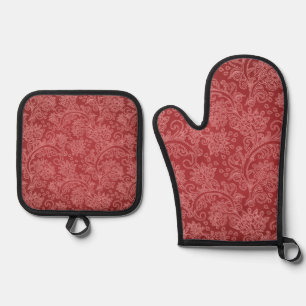 Red Paisley Damask Designer Floral Vintage Classic Oven Mitt & Pot Holder Set