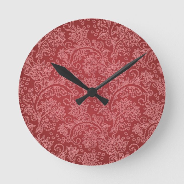 Red Paisley Damask Designer Floral Vintage Classic Round Clock (Front)