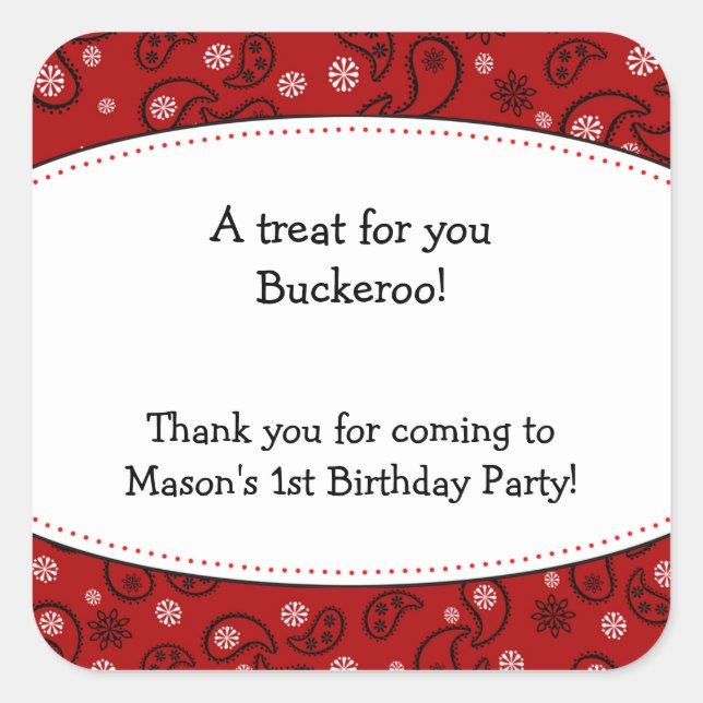 Red Paisley Favour Sticker Cowboy Western Label (Front)