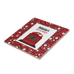 Red Paisley & Retro Stove Kitchen Tile