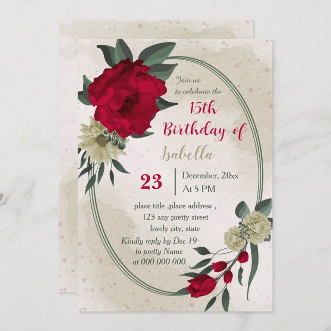 red pale yellow flowers botanical birthday  invitation (Front/Back)