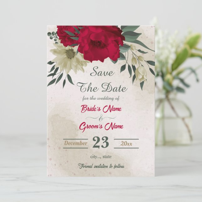 red pale yellow flowers botanical save the date (Standing Front)