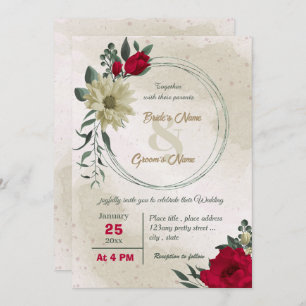 red pale yellow flowers botanical wedding invitation