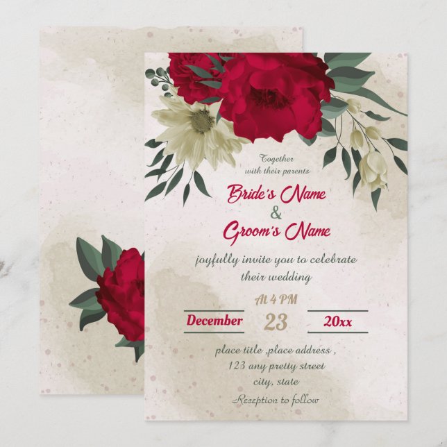 red pale yellow flowers botanical wedding  invitation (Front/Back)