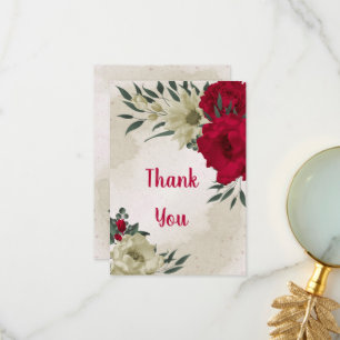 red & pale yellow flowers & green leaves thank you card