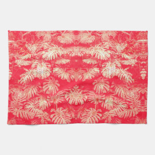 Red Palm Leaves Pattern Tea Towel
