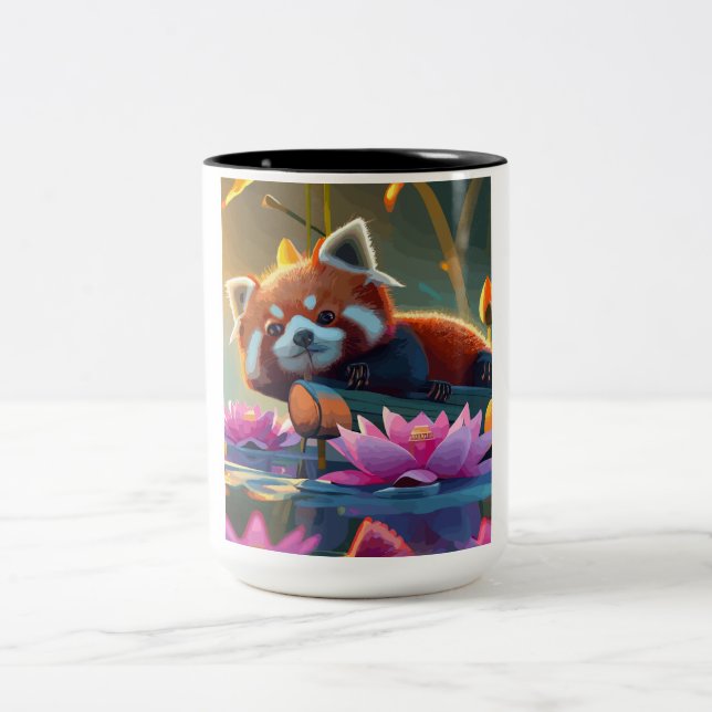 Red pand laying on a log in lotus pond Two-Tone coffee mug (Center)