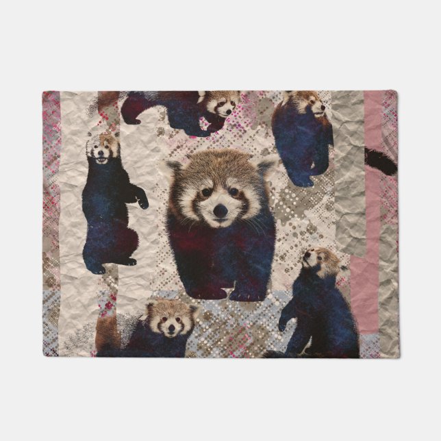 Red Panda Abstract mixed media digital art collage Doormat (Front)