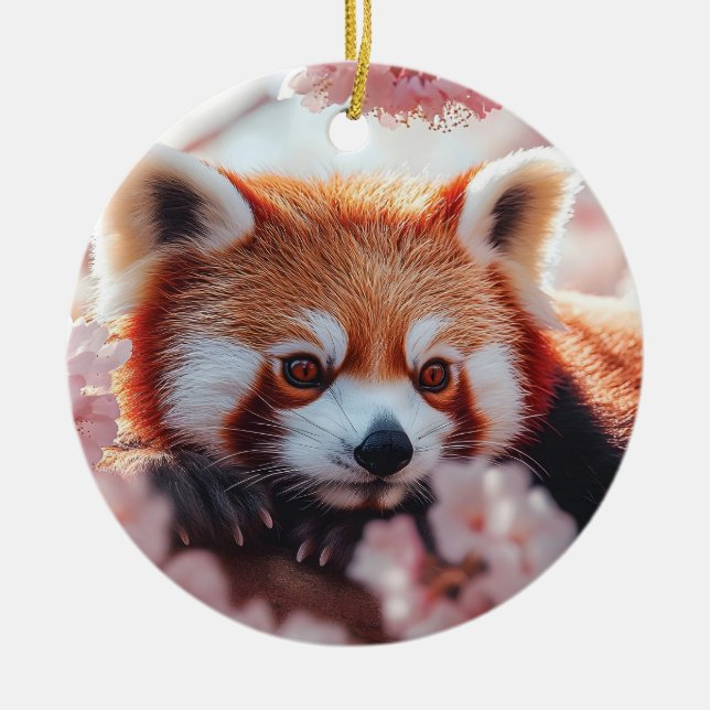 Red Panda Among Cherry Blossoms  Ceramic Ornament (Front)