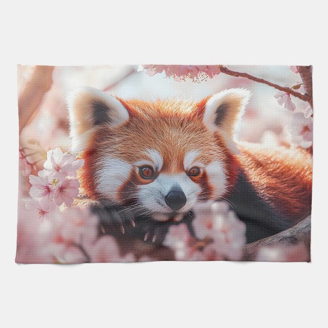 Red Panda Among Cherry Blossoms  Tea Towel (Horizontal)