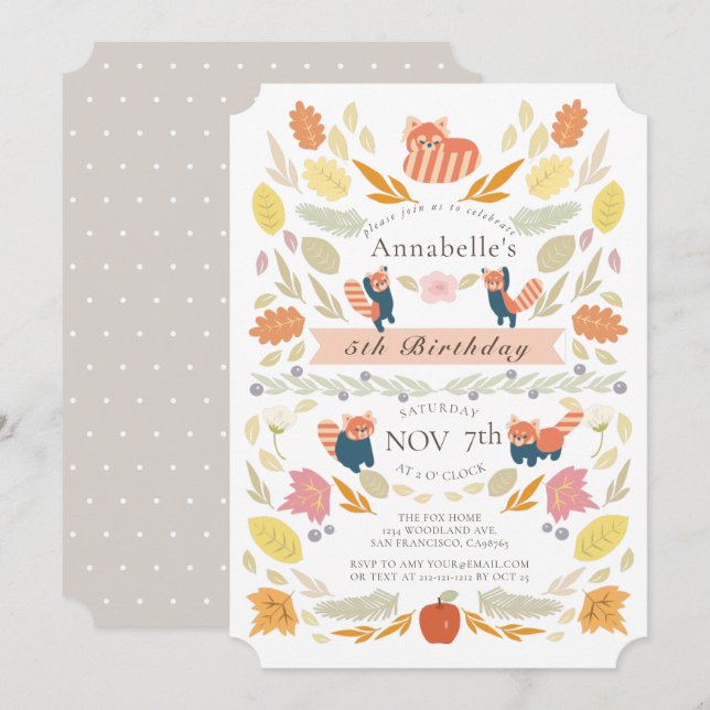 Red Panda Autumn Foliage Birthday Invitation (Front/Back)