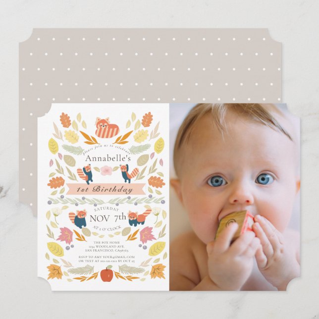 Red Panda Autumn Foliage Photo 1st Birthday Invitation (Front/Back)