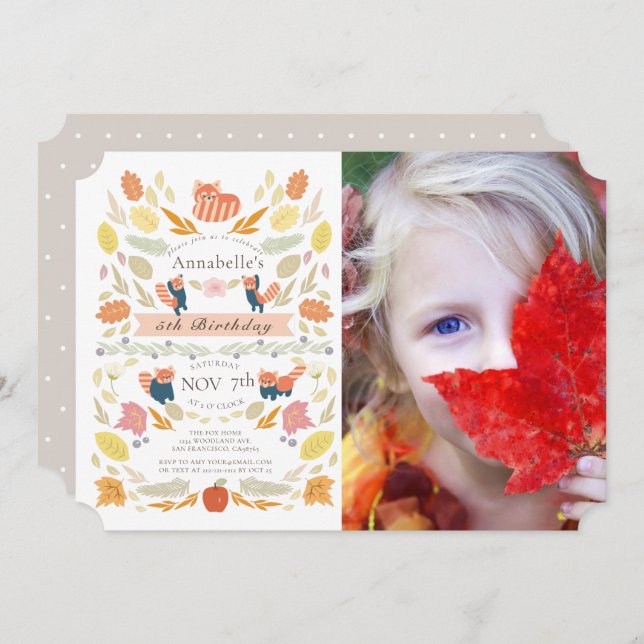 Red Panda Autumn Foliage Photo Birthday Invitation (Front/Back)