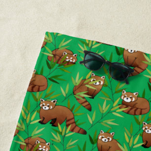 Red Panda & Bamboo Leaves Pattern Beach Towel