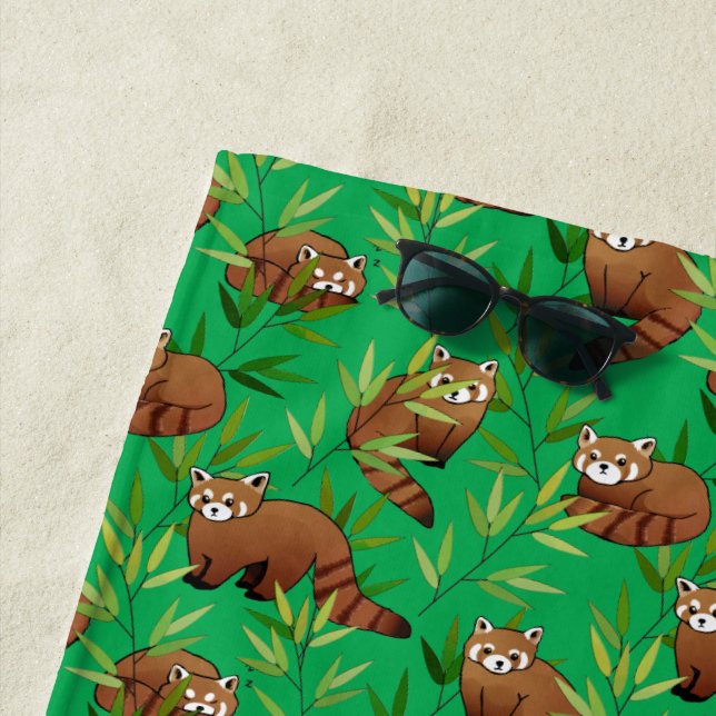 Red Panda & Bamboo Leaves Pattern Beach Towel (In Situ)