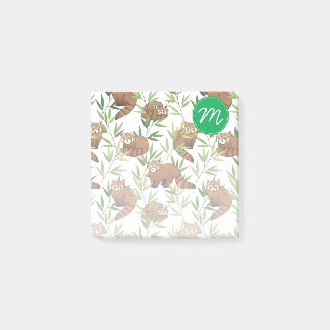 Red Panda & Bamboo Leaves Pattern & Monogram Post-it Notes (Front)