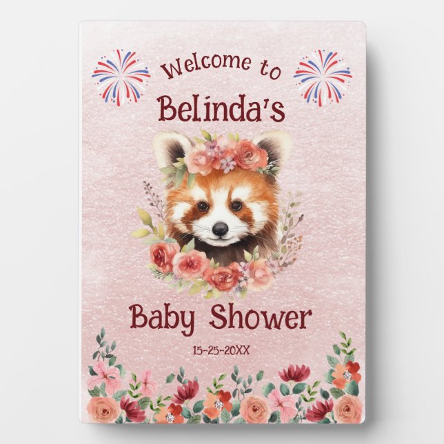 Red Panda Bear Baby Shower Welcome Plaque (Front)