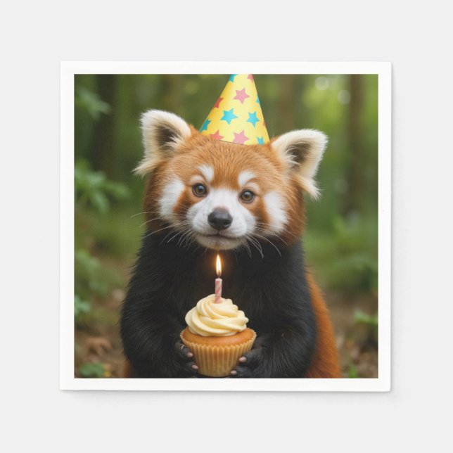 Red Panda Bear Holding a Birthday Cupcake Napkin (Front)