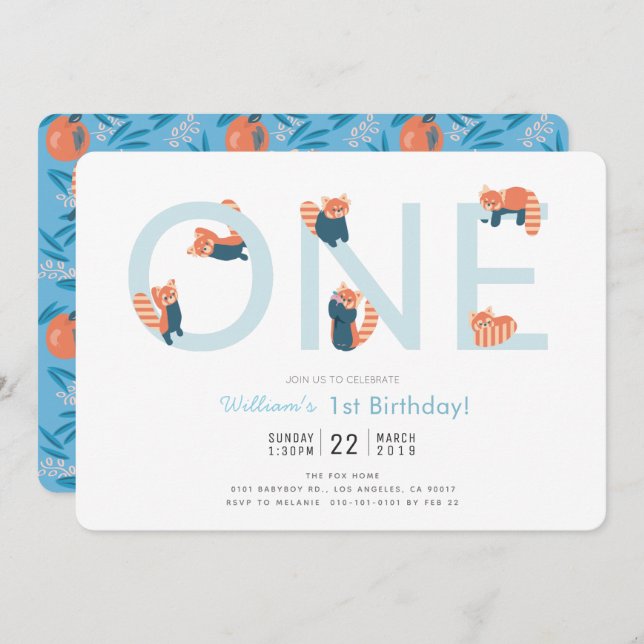 Red Panda Blue Boy 1st Birthday Invitation (Front/Back)