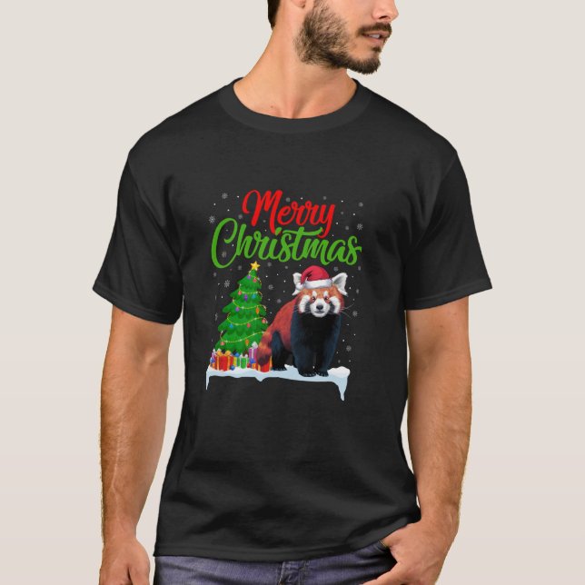 Red Panda Christmas Tree Lights Funny Xmas Red Pan T-Shirt (Front)