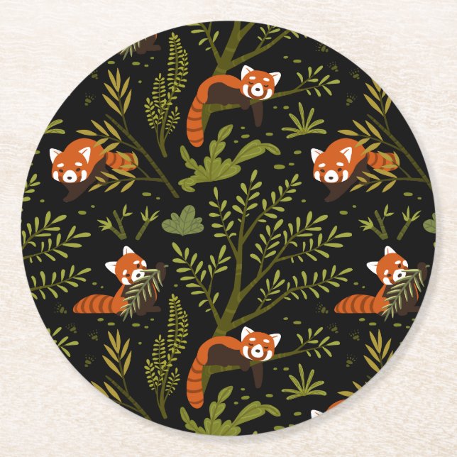 Red Panda Dark Forest Zoo Animal Party Round Paper Coaster (Front)