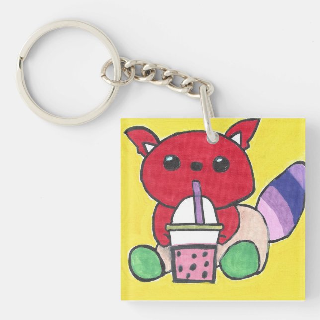 Red Panda Drinking Boba Key Ring (Front)