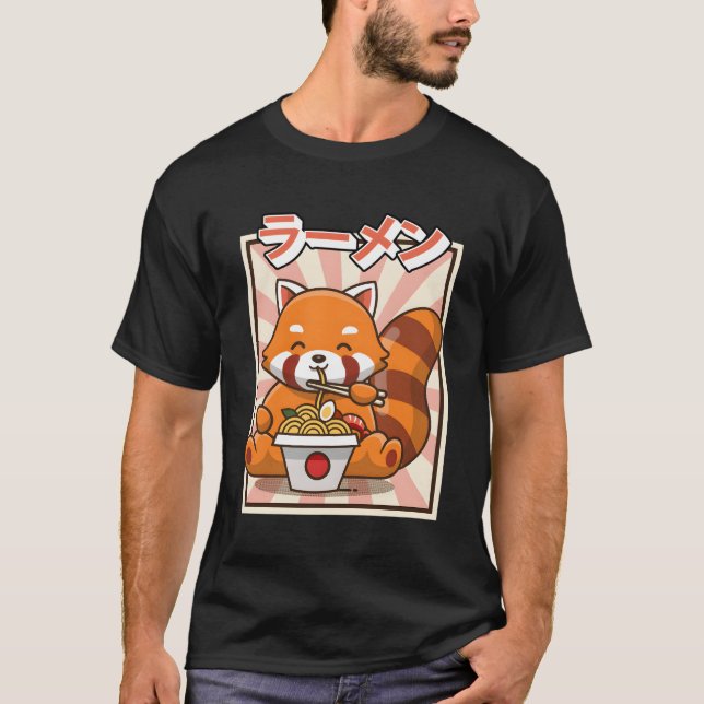 Red Panda Eating Ra Kawaii Japanese Noodles Ra T-Shirt (Front)