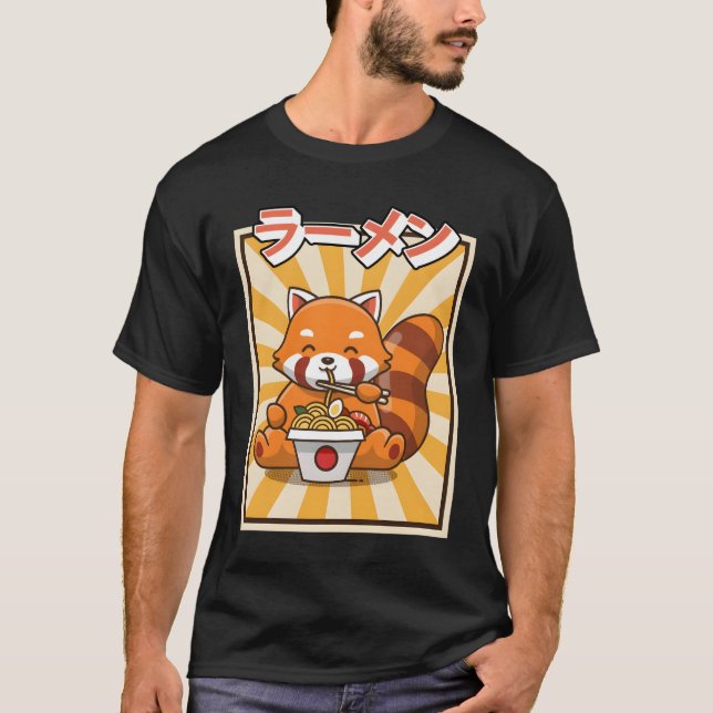 Red Panda Eating Ra Kawaii Japanese Noodles Ra T-Shirt (Front)