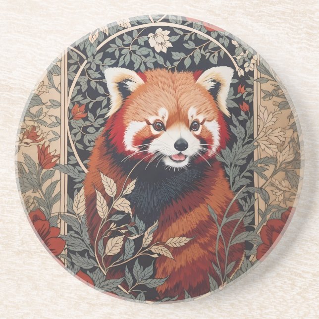 Red Panda Elegant William Morris Inspired Floral Coaster (Front)