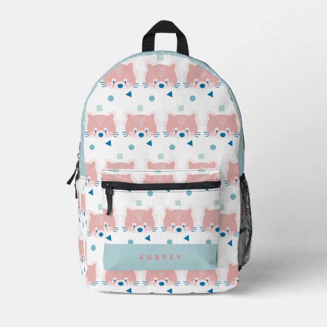 Red Panda Face/Head Pattern White & Light Blue Printed Backpack (Front)